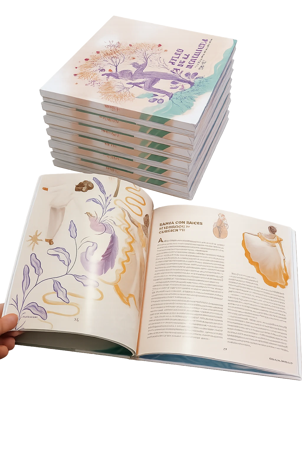 Libros impresos y apilados, con un ejemplar abierto